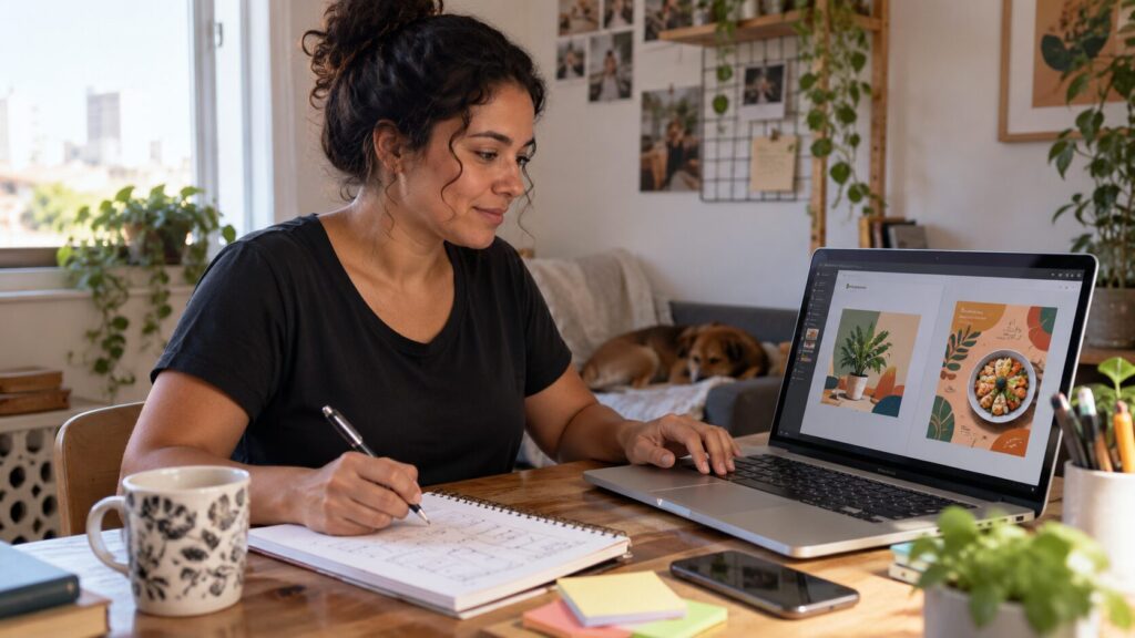 Mulher praticando criação de peças gráficas para pequenos negócios em casa; ilustração criada com IA.