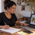 Mulher praticando criação de peças gráficas para pequenos negócios em casa; ilustração criada com IA.
